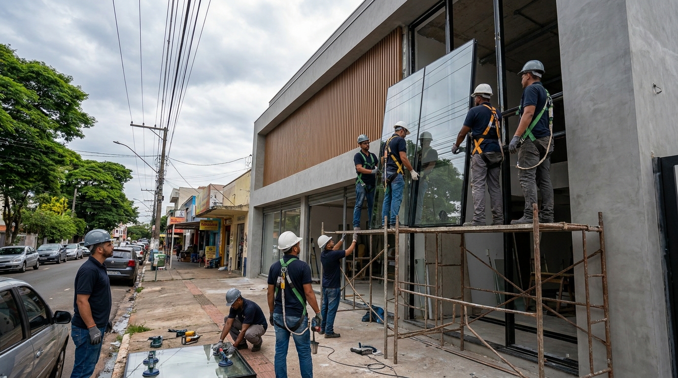 Fachada de vidro com andaime lateral em Petrópolis-RJ