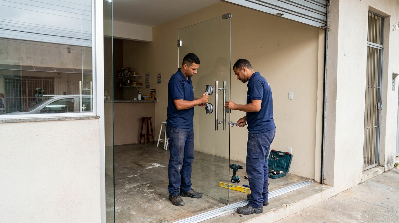 Dupla instalando porta de vidro em loja em Petrópolis-RJ